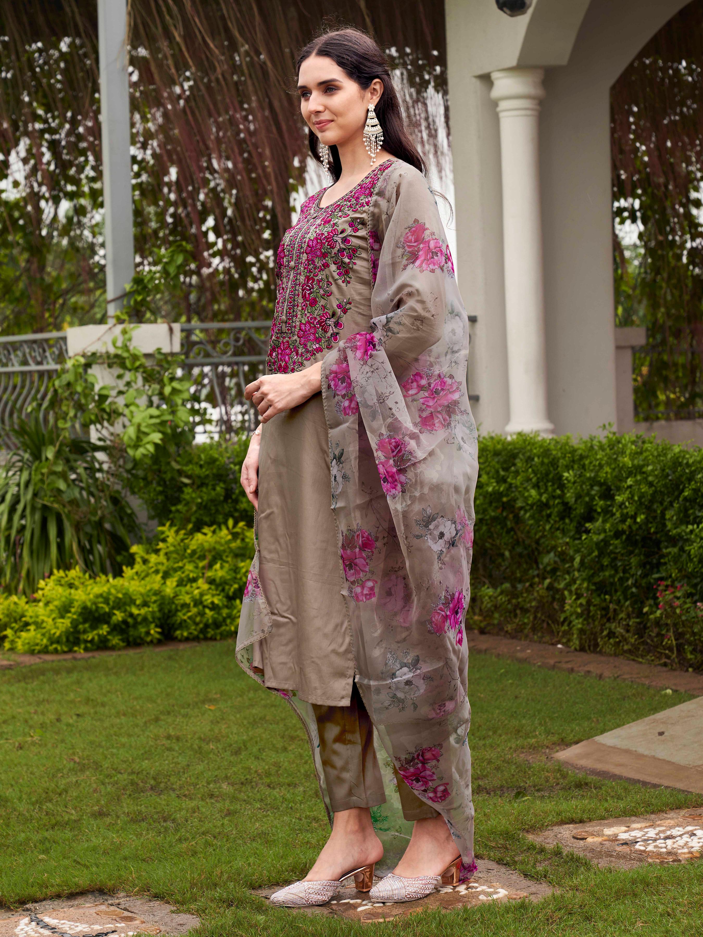 Beige Color Cotton Blend Multi Embroidered Kurta Set With Printed Organza Dupatta